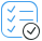 Ícono de lista con marcas de verificación y un círculo de validación.