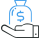 Ícono de mano extendida sosteniendo una bolsa con símbolo de dólar.