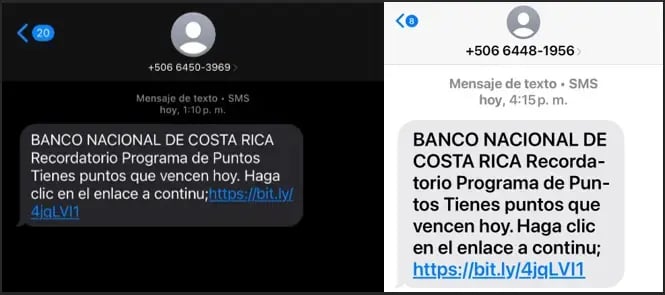 Captura de pantalla de mensajes falsos por SMS que suplantan al Banco Nacional de Costa Rica con un enlace fraudulento.