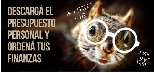 Ardilla con gafas blancas y fórmulas sobrepuestas junto al texto “Descargá el presupuesto personal y ordená tus finanzas”.