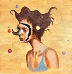 Pintura surrealista de una mujer con cabello flotante y elementos cósmicos alrededor.
