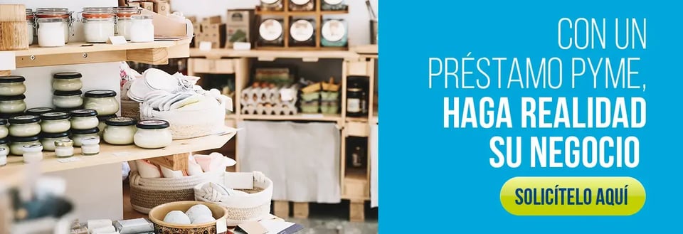 Banner promocional de préstamo PYME con productos artesanales en estanterías y llamado a solicitar el crédito. Banner promocional de préstamo PYME con productos artesanales en estanterías y llamado a solicitar el crédito.