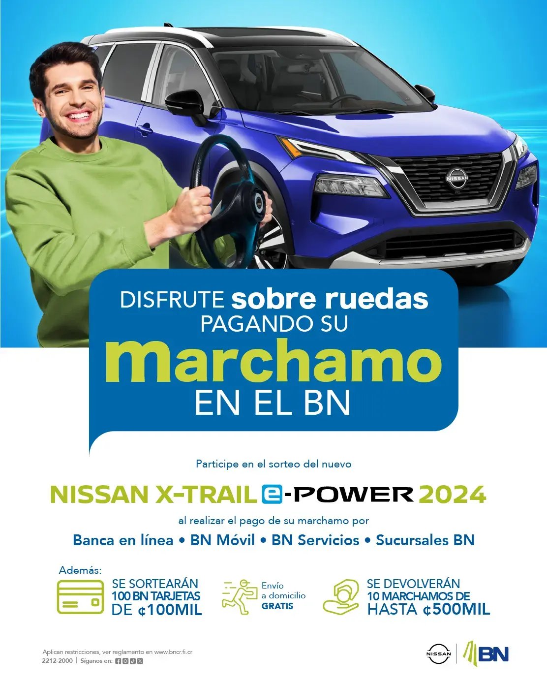 Publicidad del Banco Nacional sobre el pago del marchamo con sorteo de un Nissan X-Trail e-Power 2024.