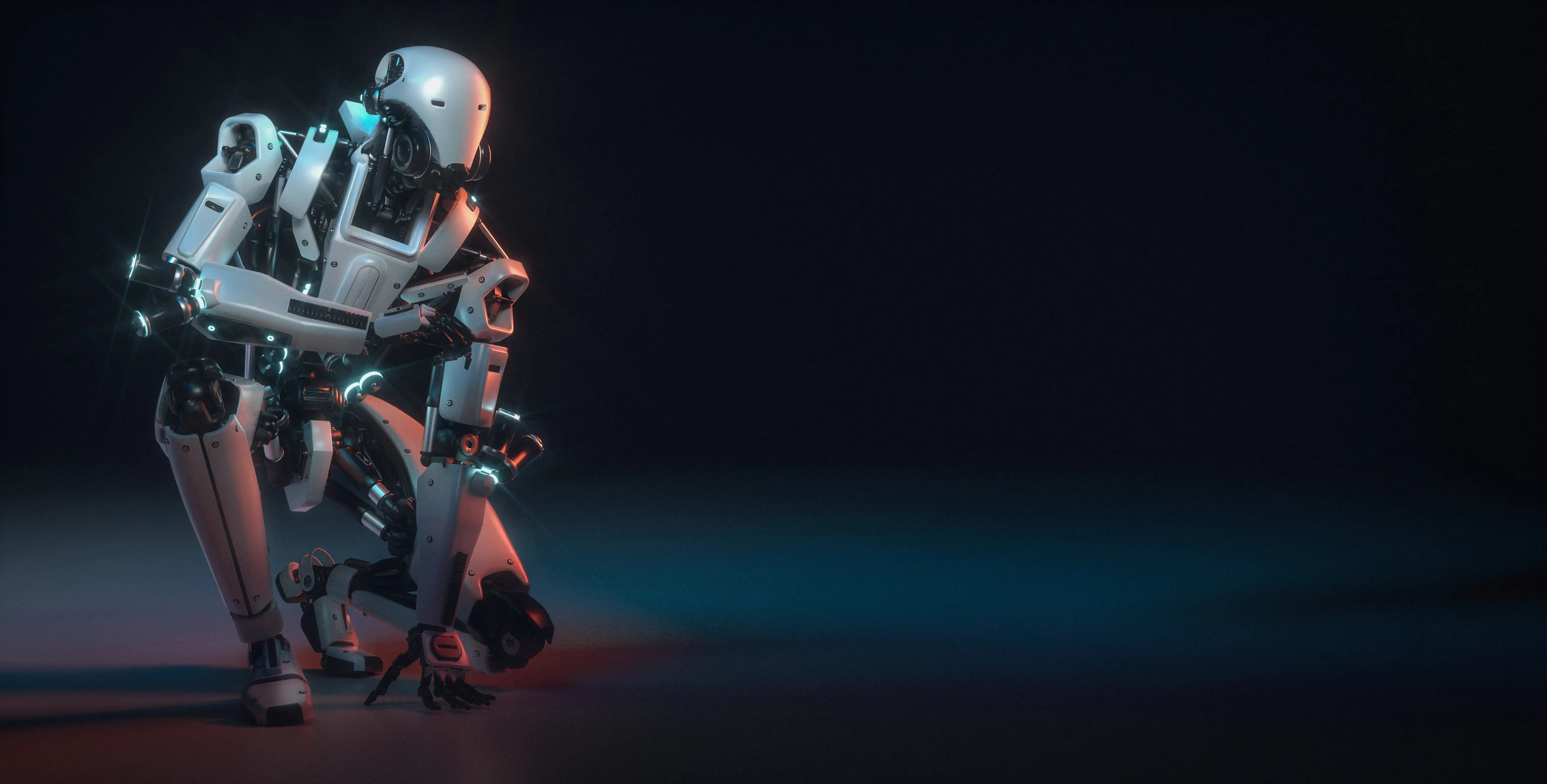 obot futurista metálico en posición agachada con luces brillantes en un fondo oscuro.