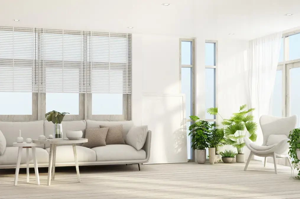 Sala minimalista y luminosa decorada con muebles claros y varias plantas verdes junto a las ventanas.
