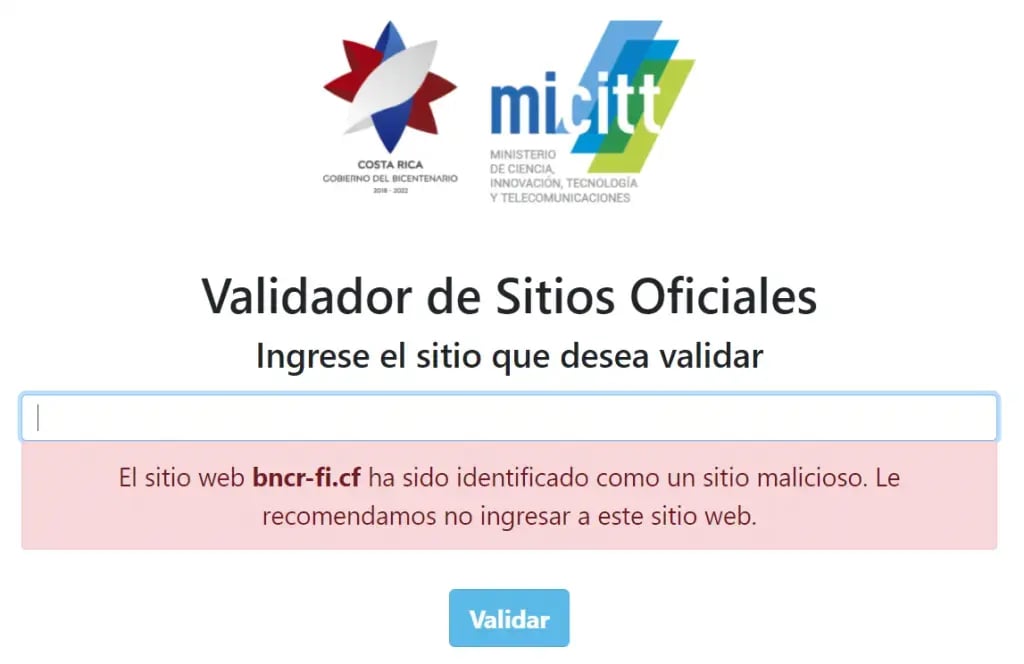 Sitio web falso del Banco Nacional identificado como malicioso.