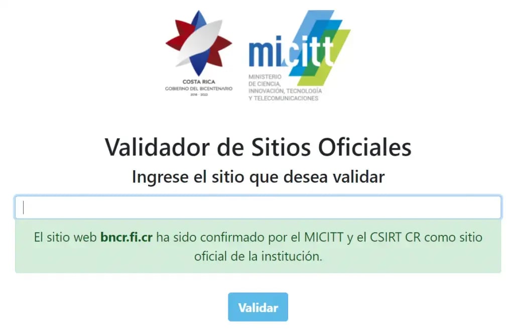 Sitio web oficial del Banco Nacional validado en el portal del MICITT.