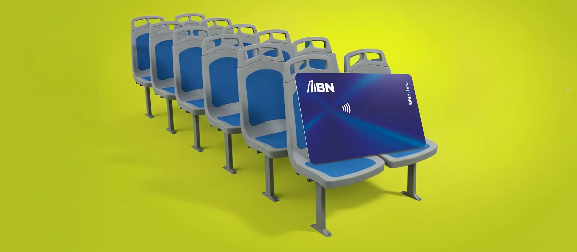 Sillas de autobus sobre un fondo verde con una tarjeta del banco en los primeros 2 asientos.