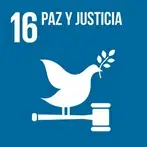 Ícono del ODS 16 Paz y justicia, con una paloma y un mazo en color azul oscuro.