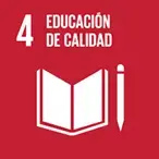 Ícono del ODS 4 Educación de calidad, con un libro y un lápiz en color rojo.