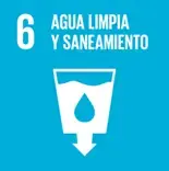 Ícono del ODS 6 Agua limpia y saneamiento, con un vaso de agua y una gota en color azul.