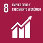 Ícono del ODS 8 Empleo digno y crecimiento económico, con gráfica de barras ascendente en color rojo vino.