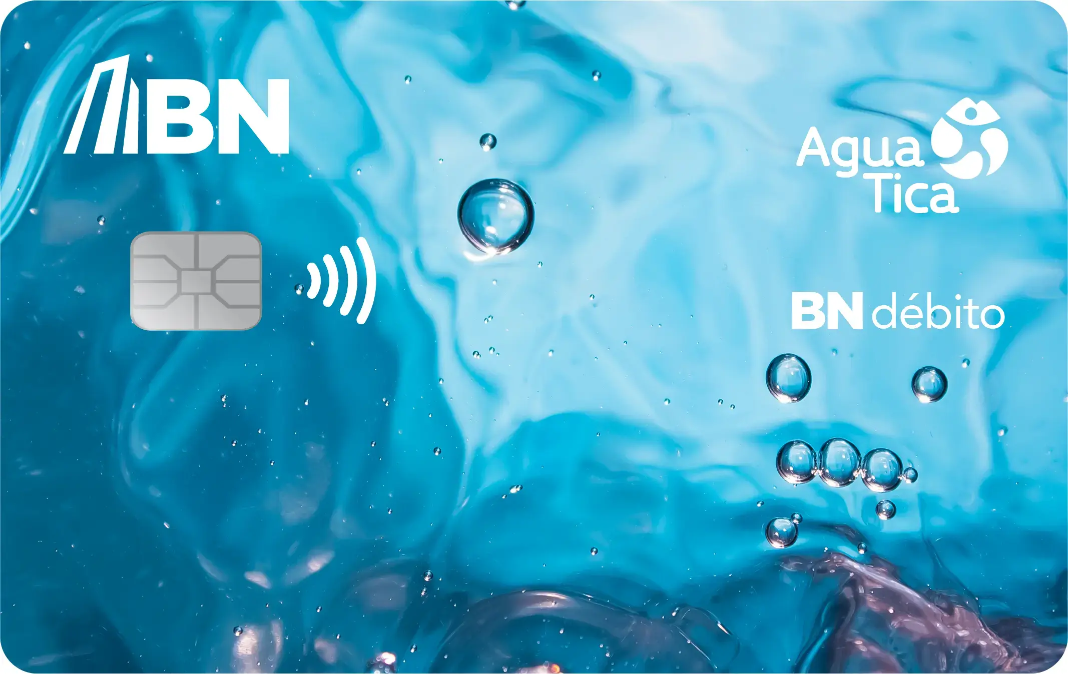 Tarjeta BN Débito Agua con diseño azul y logotipos de BN y Agua Tica sobre fondo acuático