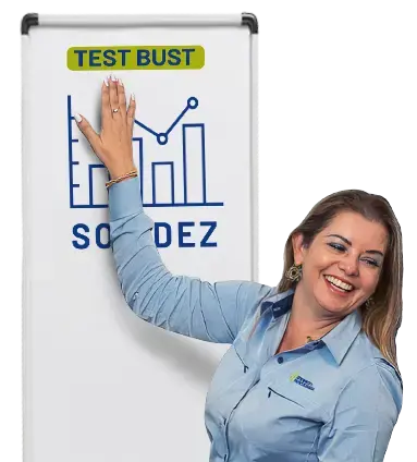 Mujer sonriendo mientras toca un rotafolio con un gráfico azul y el texto TEST BUST en la parte superior.