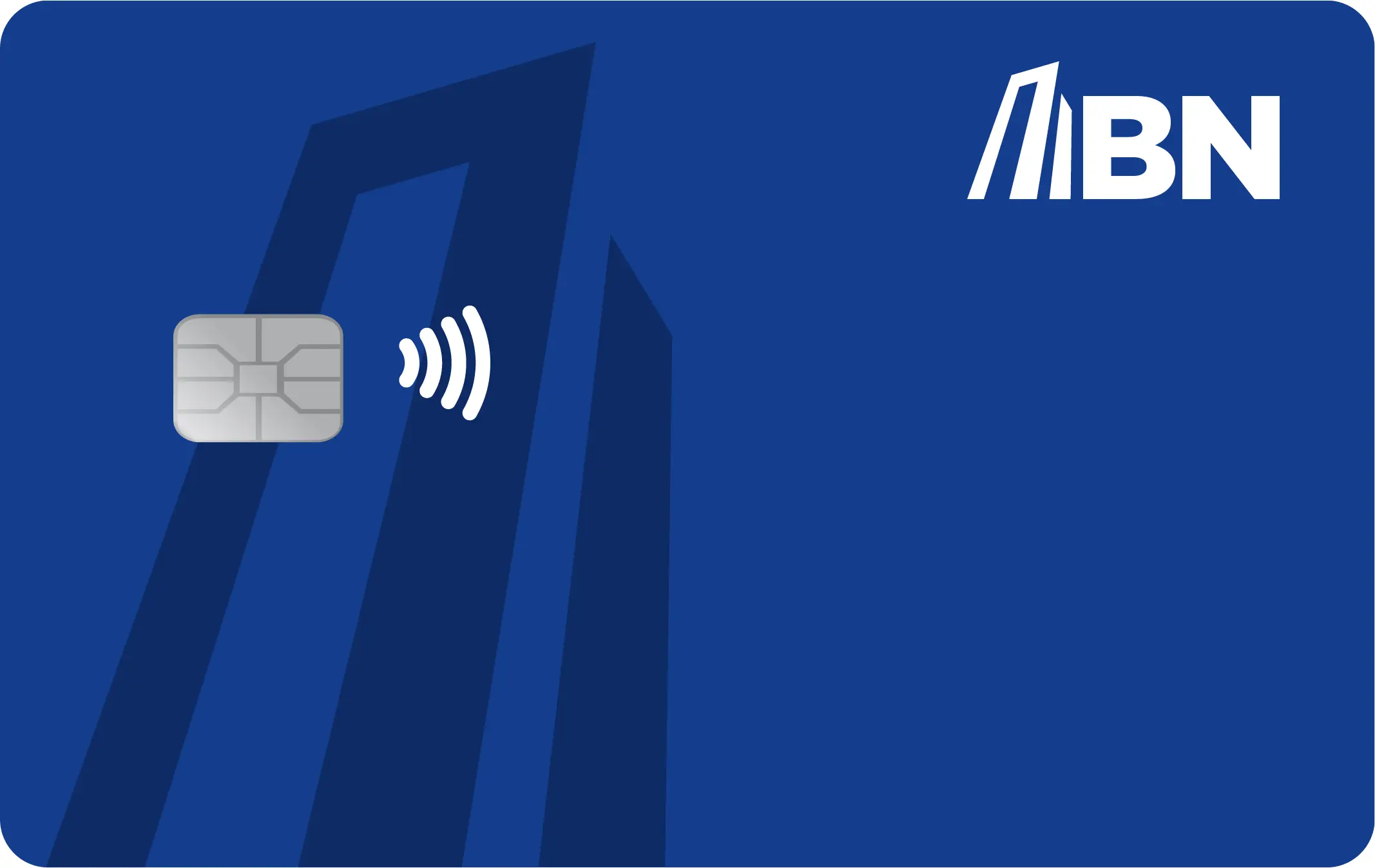 Tarjeta BN Débito azul con gráfico del edificio del Banco Nacional en tono oscuro y chip con pago sin contacto