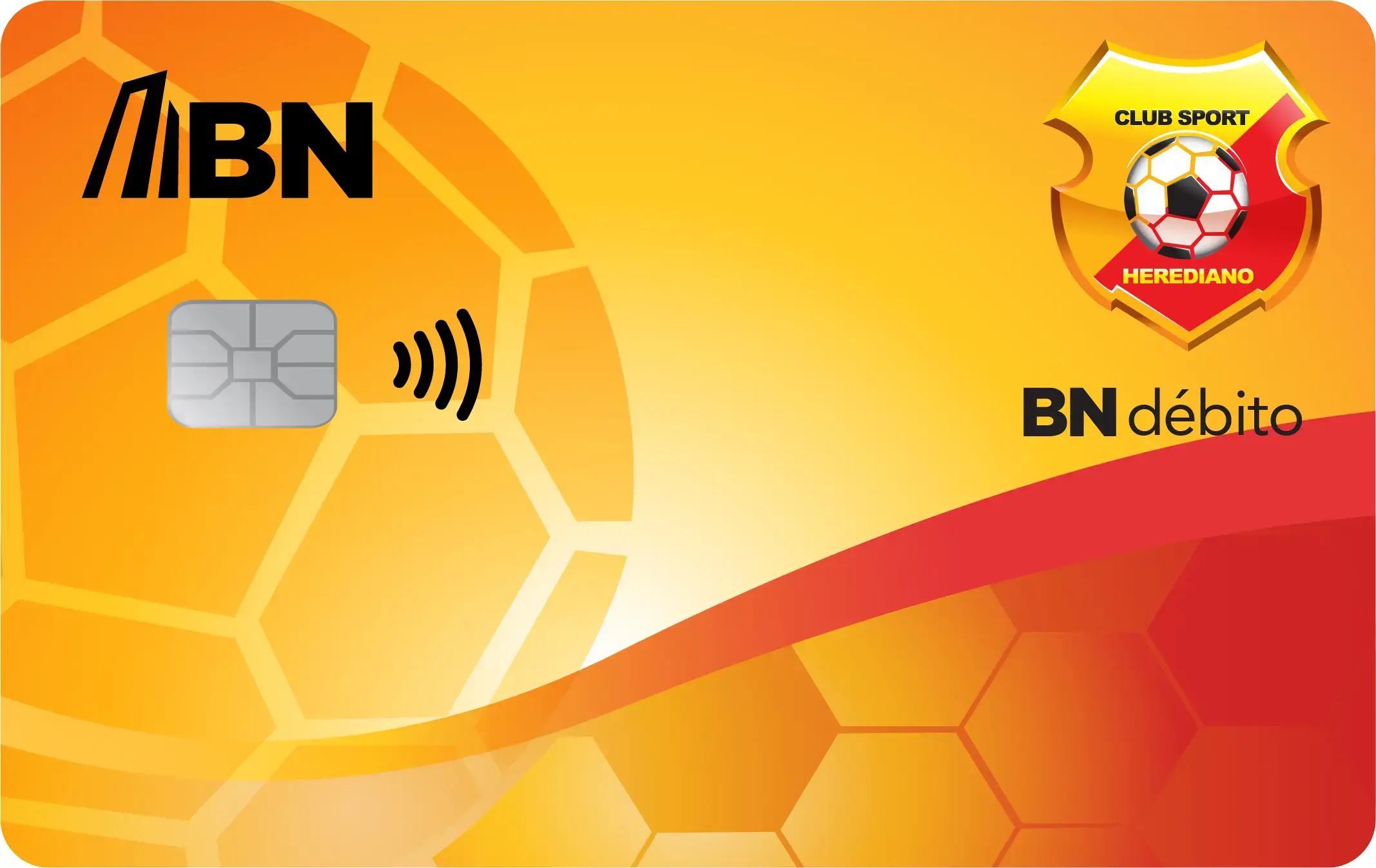 Tarjeta BN Débito con diseño en tonos amarillos y naranjas, balón hexagonal y escudo del Club Sport Herediano