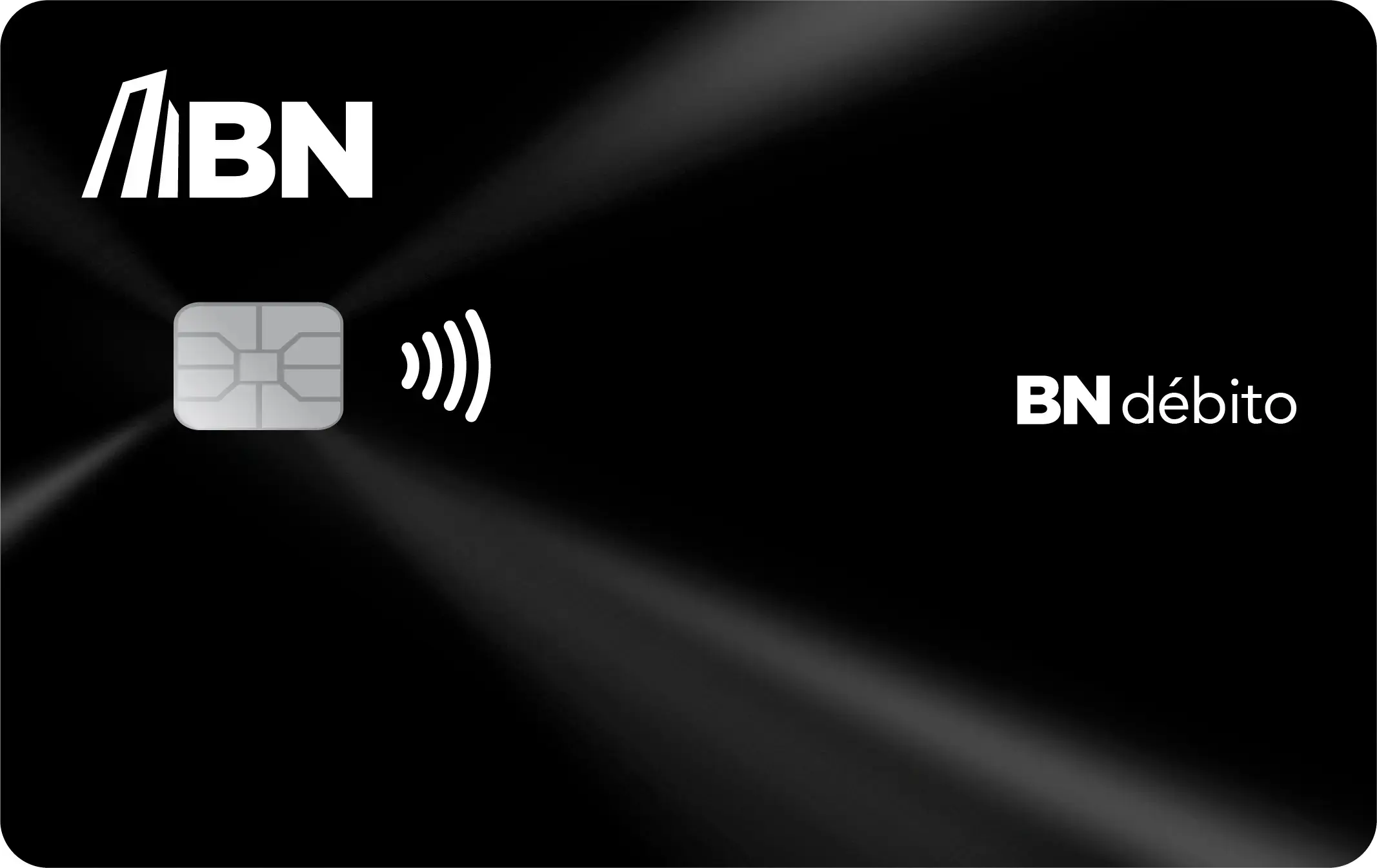 Tarjeta BN Débito Infinite con destellos grises y chip con ícono de pago sin contacto