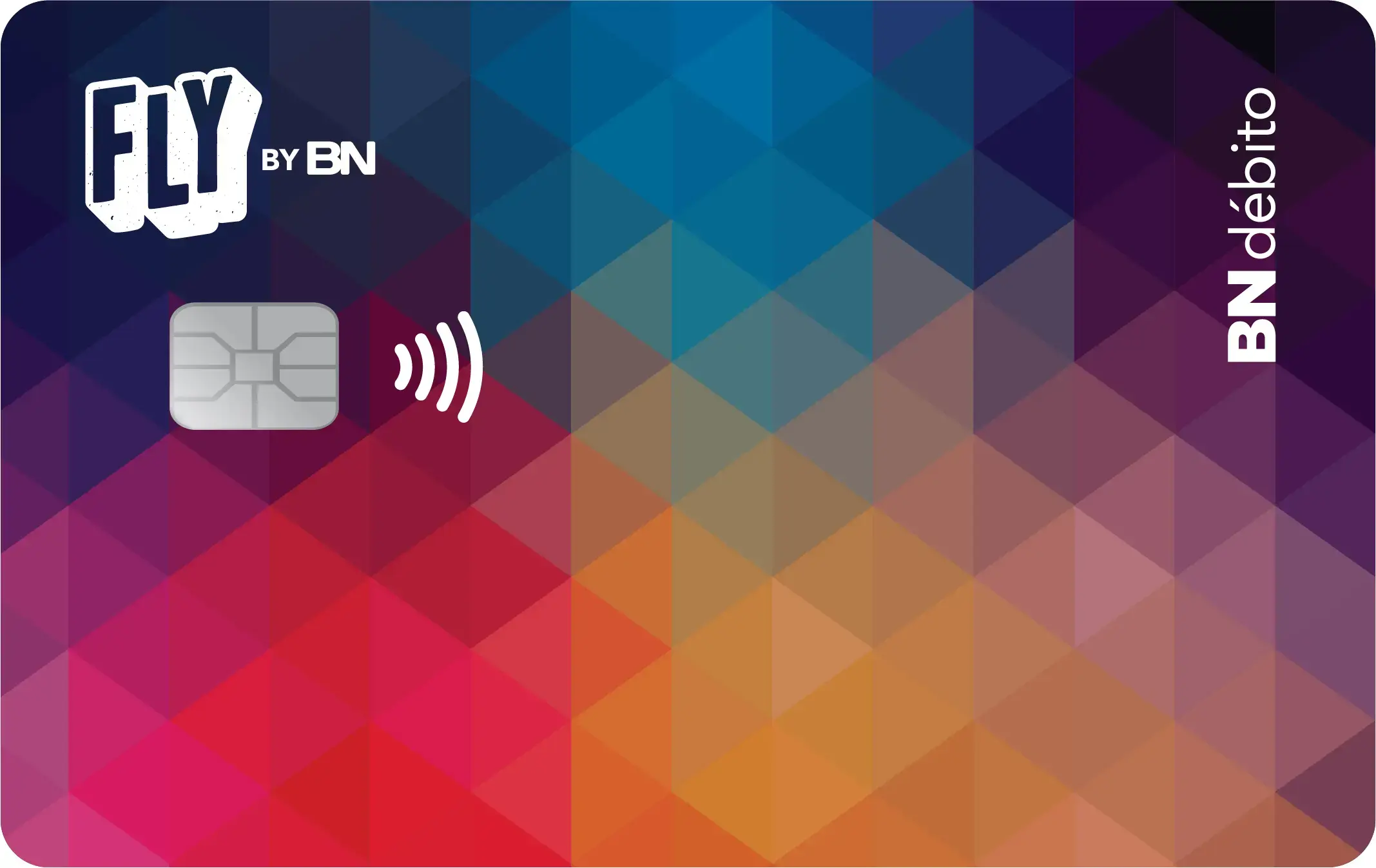 Tarjeta BN Débito FLY con patrón de triángulos en tonos azul, rojo, naranja y púrpura.