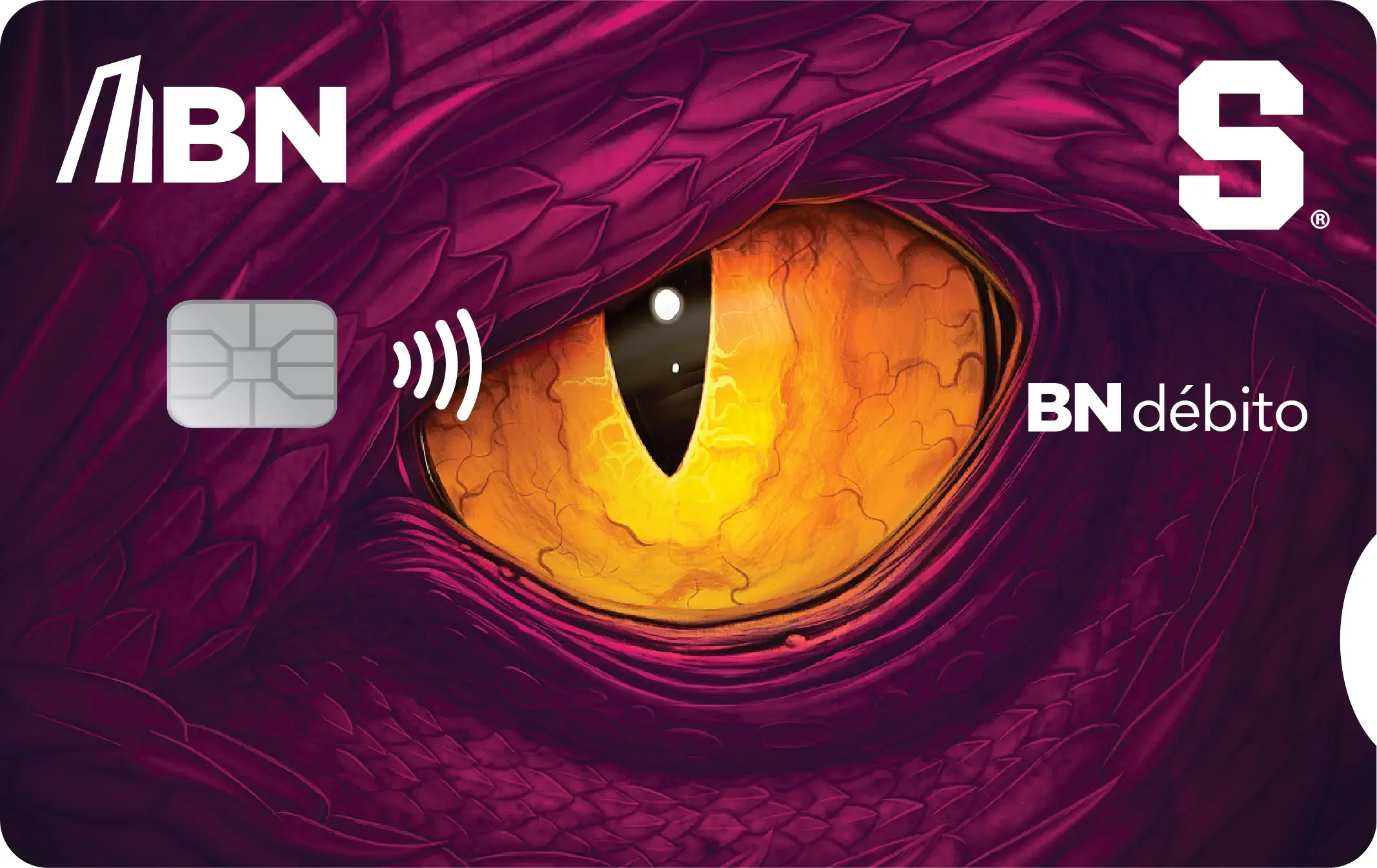 Tarjeta BN Débito con ilustración de un ojo amarillo de dragón sobre escamas púrpuras.