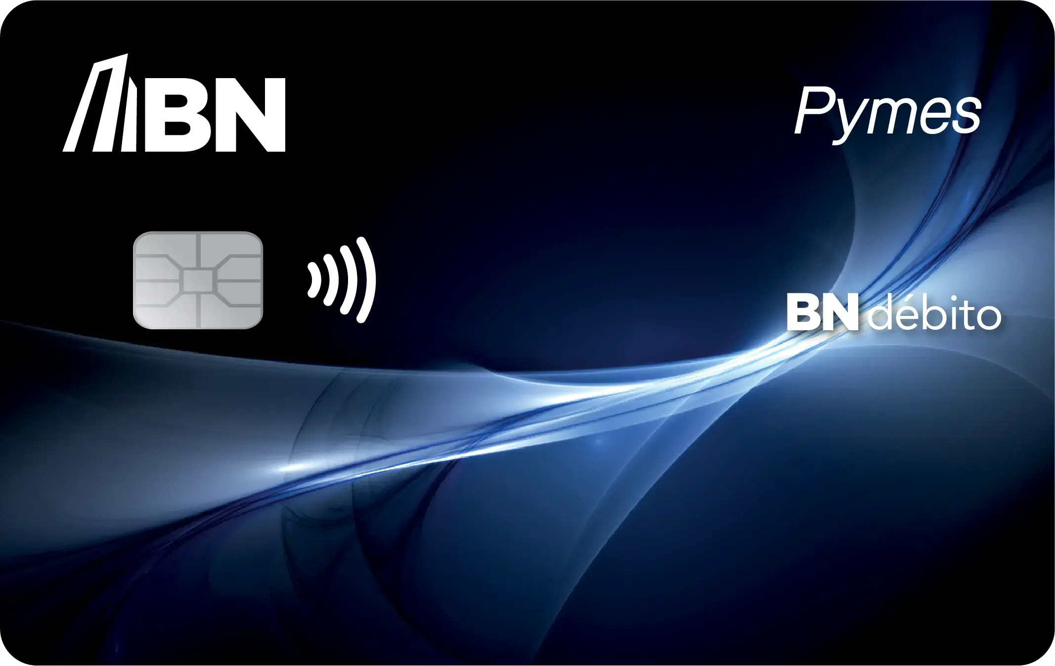 Tarjeta BN Débito Pymes en tonos azul oscuro con chip y diseño de líneas luminosas