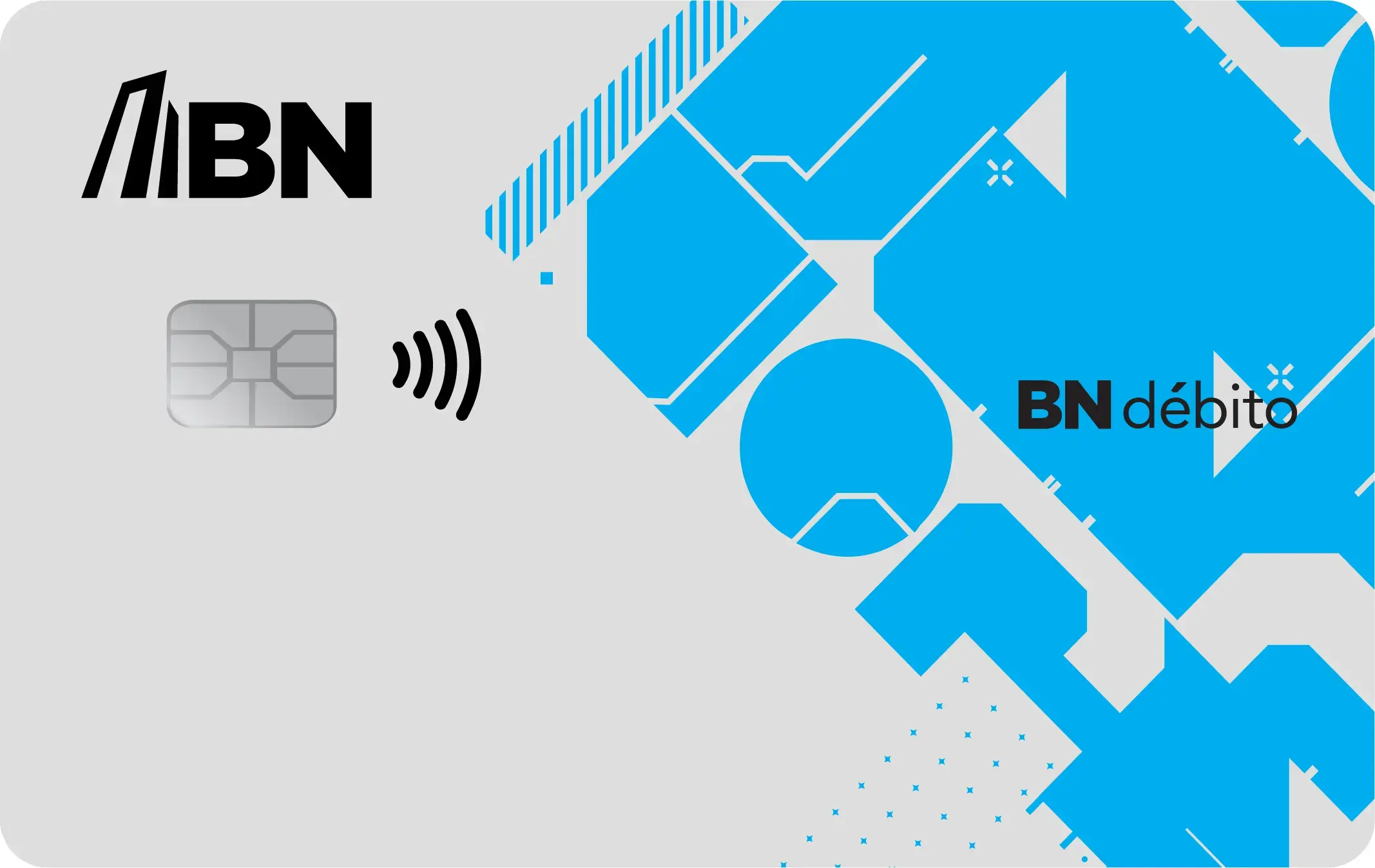 Tarjeta BN Débito con fondo gris claro y figuras geométricas azules en la parte derecha.