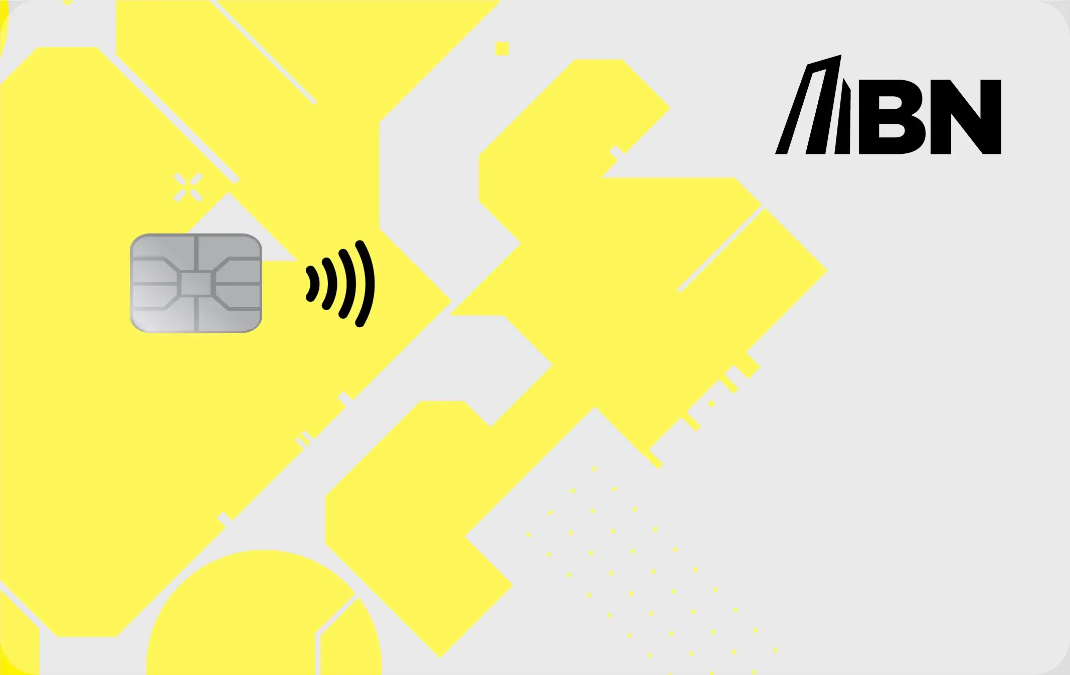 Tarjeta de crédito BN Gamercard con diseño geométrico gris y amarillo y chip integrado.