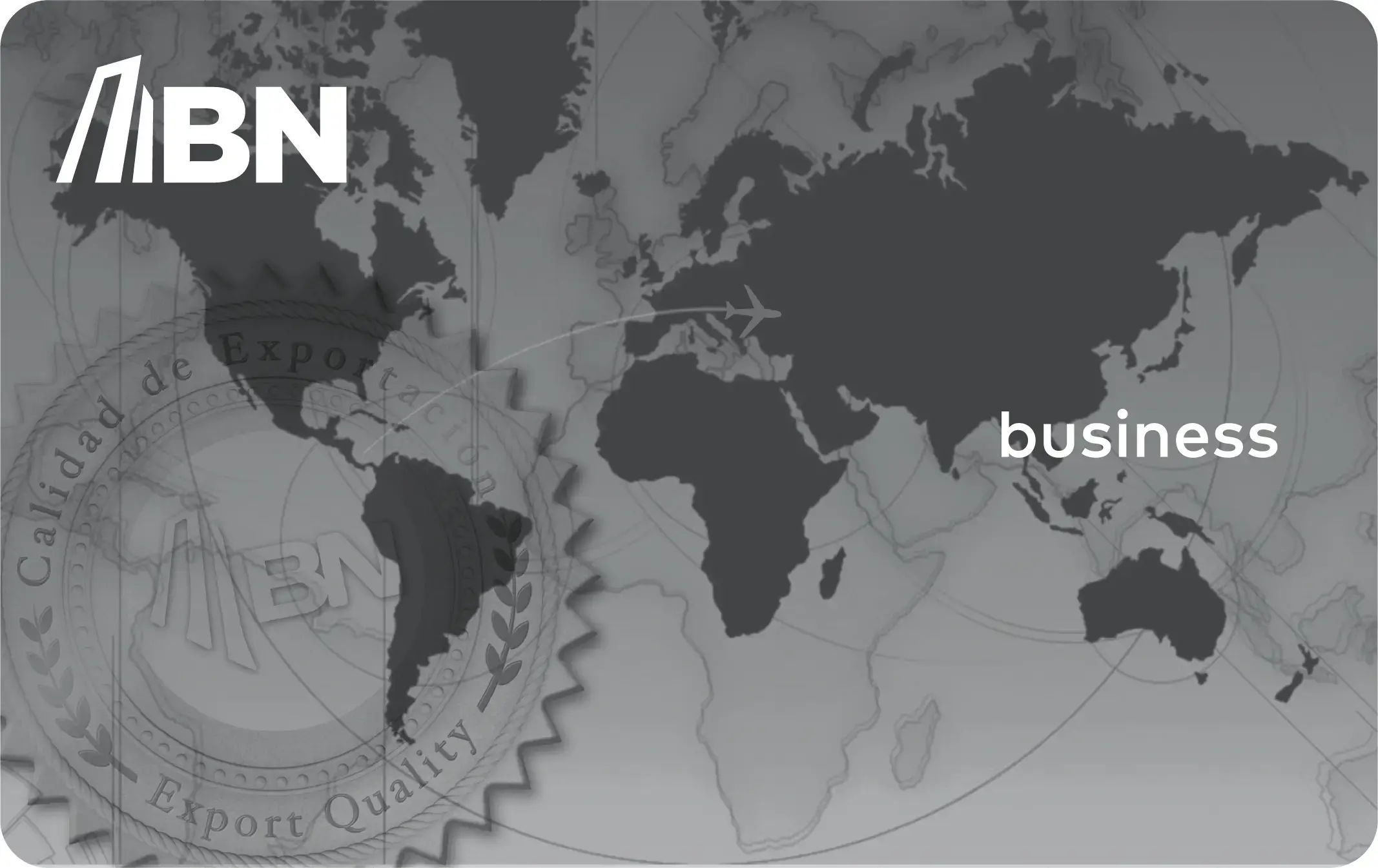Tarjeta BN Business en tonos grises con mapa mundial y un avión trazando una ruta sobre el océano Atlántico