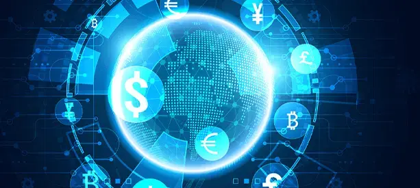 Globo digital rodeado de símbolos de monedas internacionales y criptomonedas.