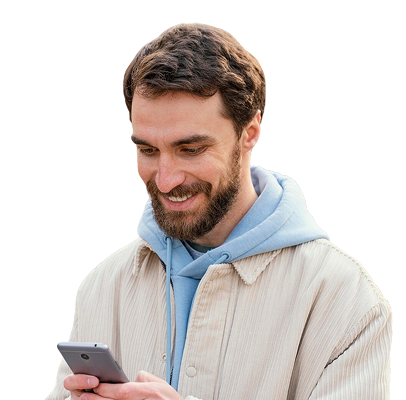 Front view of smiley man outdoors in the city using smartphone(1)-1