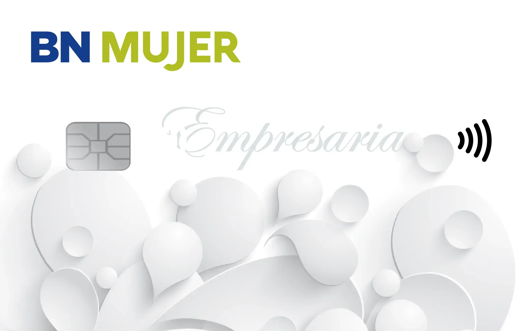 Tarjeta BN Mujer Empresaria en fondo blanco con relieves decorativos y chip con símbolo de pago sin contacto