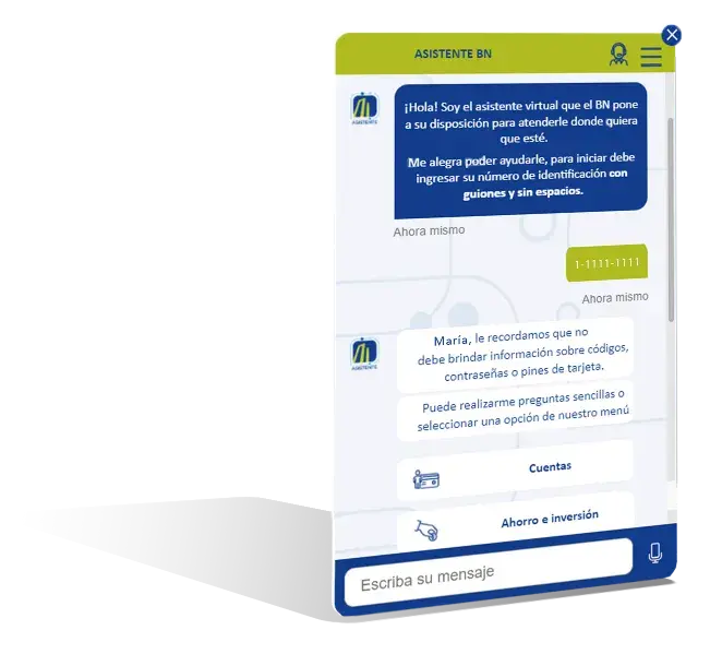 Interfaz del asistente virtual del Banco Nacional con conversación inicial solicitando identificación.