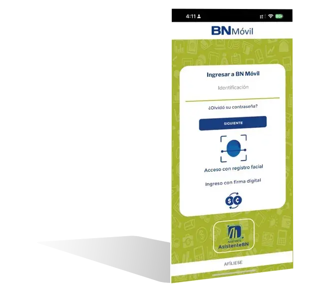 Pantalla principal de inicio de sesión de la app BN Móvil con opciones de acceso facial y firma digital.