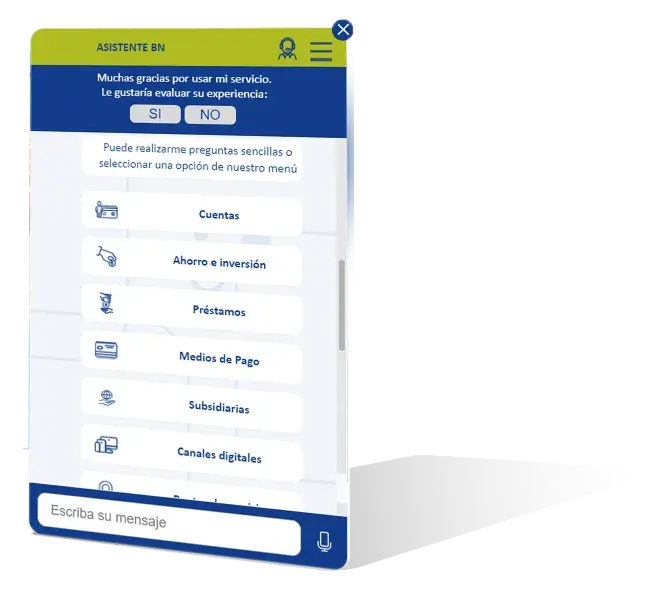 Pantalla del asistente virtual BN mostrando opciones de menú como cuentas, ahorro e inversión, y préstamos.