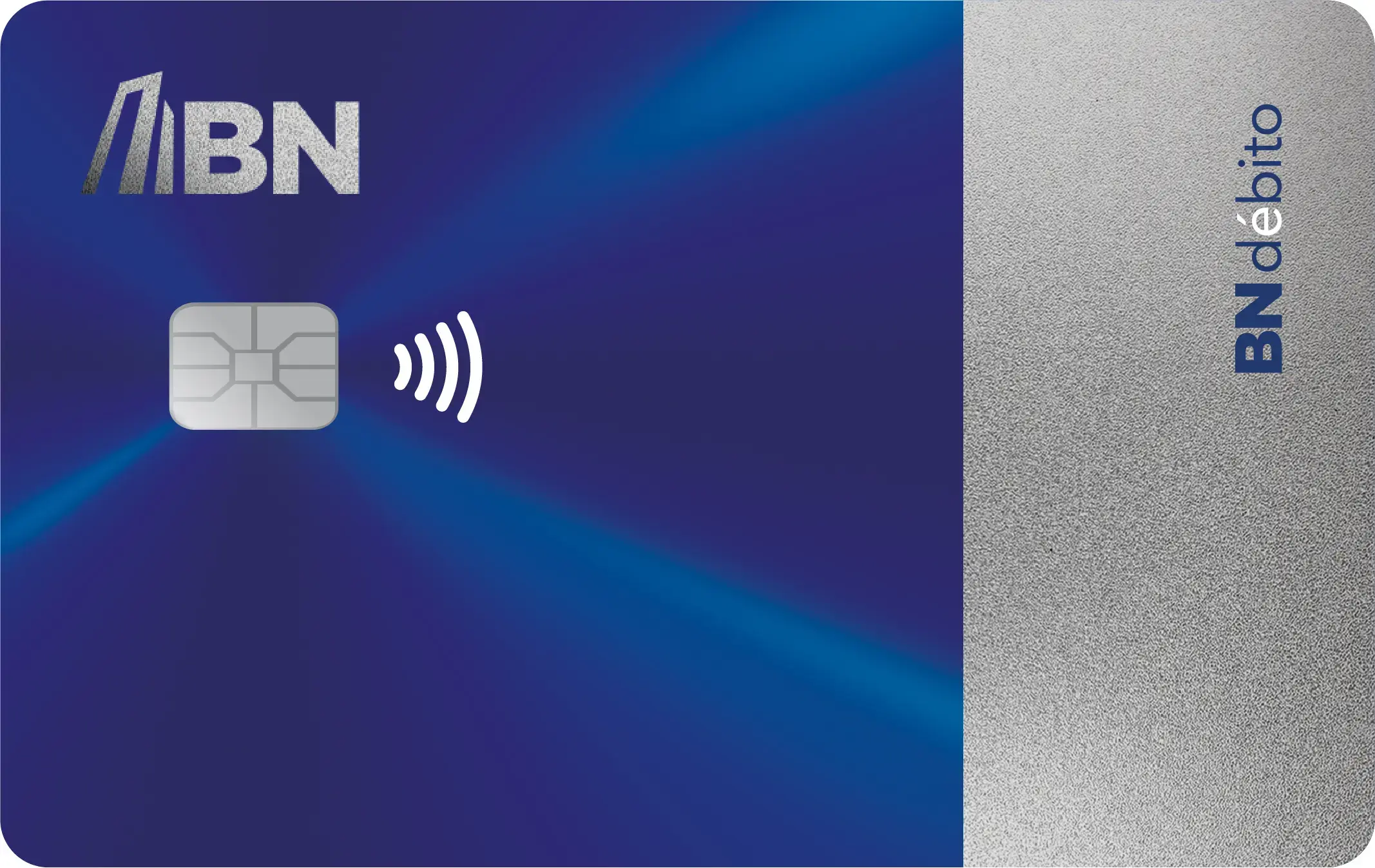 Tarjeta de crédito BN Platino con diseño azul, franja plateada y chip integrado.