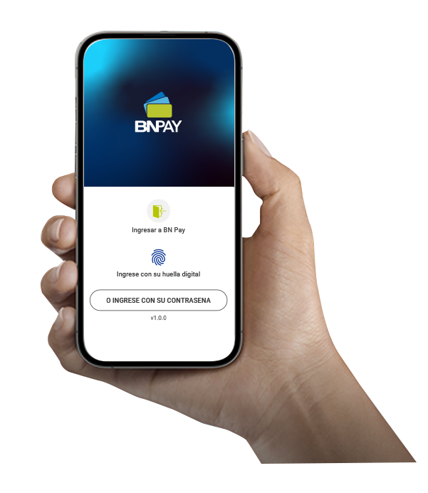 Pantalla de inicio de sesión de la app BN Pay mostrada en un celular sostenido por una mano, con opciones de ingreso mediante huella digital o contraseña.