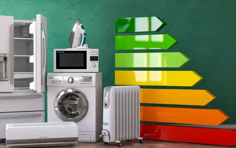 Electrodomésticos modernos frente a una gráfica de eficiencia energética con flechas de colores del verde al rojo.