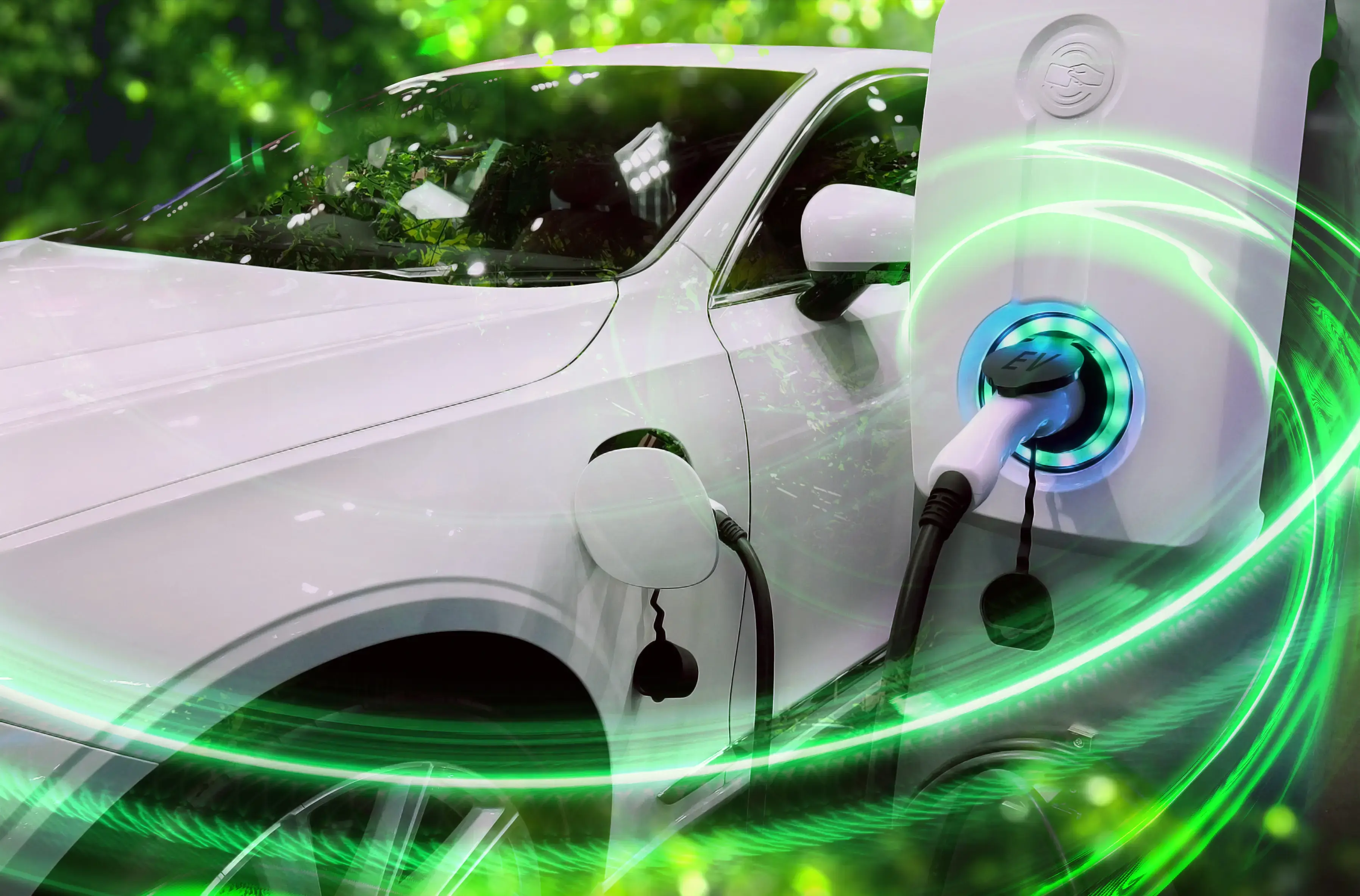 Automóvil eléctrico blanco conectado a un cargador con luces verdes alrededor.