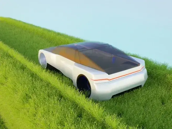 Auto futurista blanco avanzando sobre una colina cubierta de pasto verde.