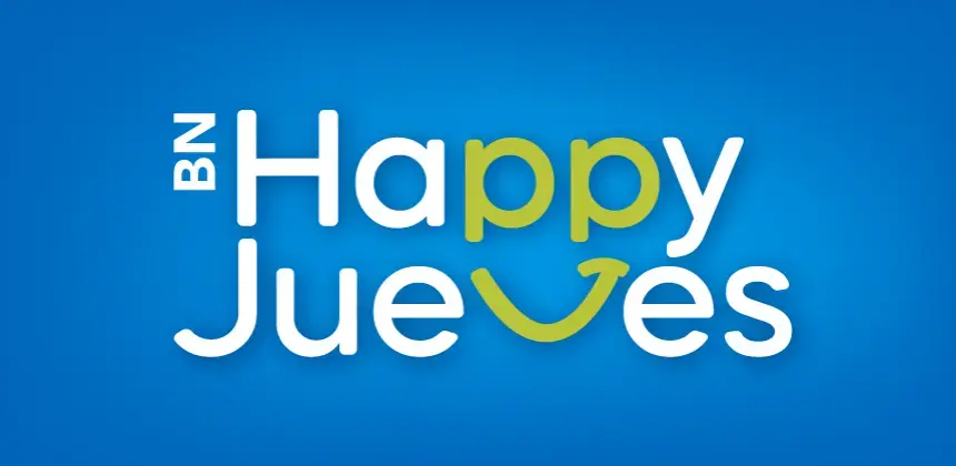 Logotipo BN Happy Jueves en colores blanco y verde sobre fondo azul degradado.