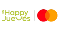 Logotipo BN Happy Jueves en color verde junto al logotipo de Mastercard con círculos rojo y naranja sobre fondo transparente.