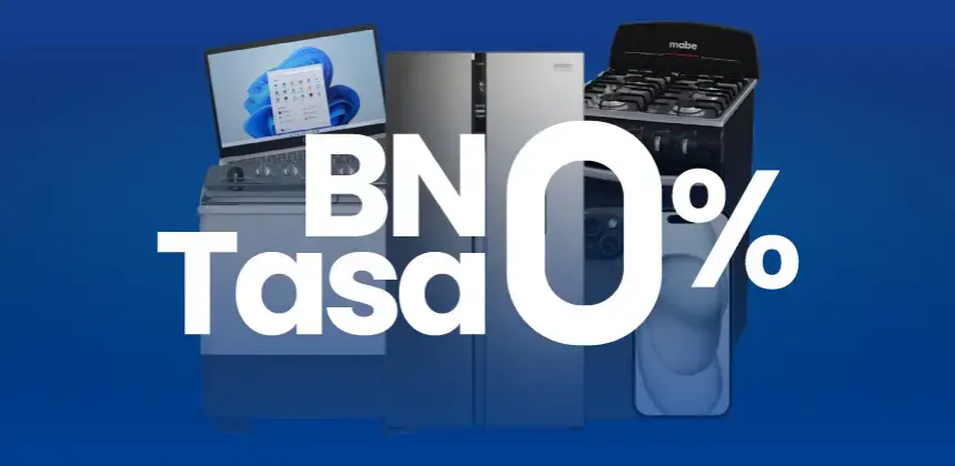 Promoción BN Tasa 0% con electrodomésticos como refrigeradora, cocina, lavadora y computadora sobre fondo azul.