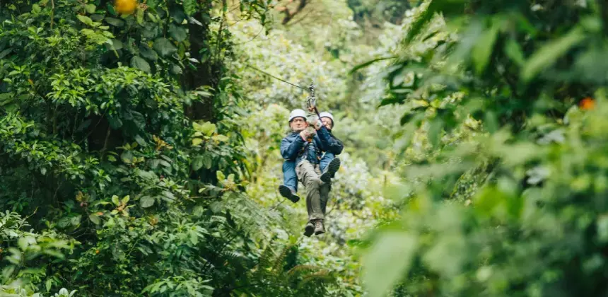 Personas realizando canopy en medio del bosque tropical