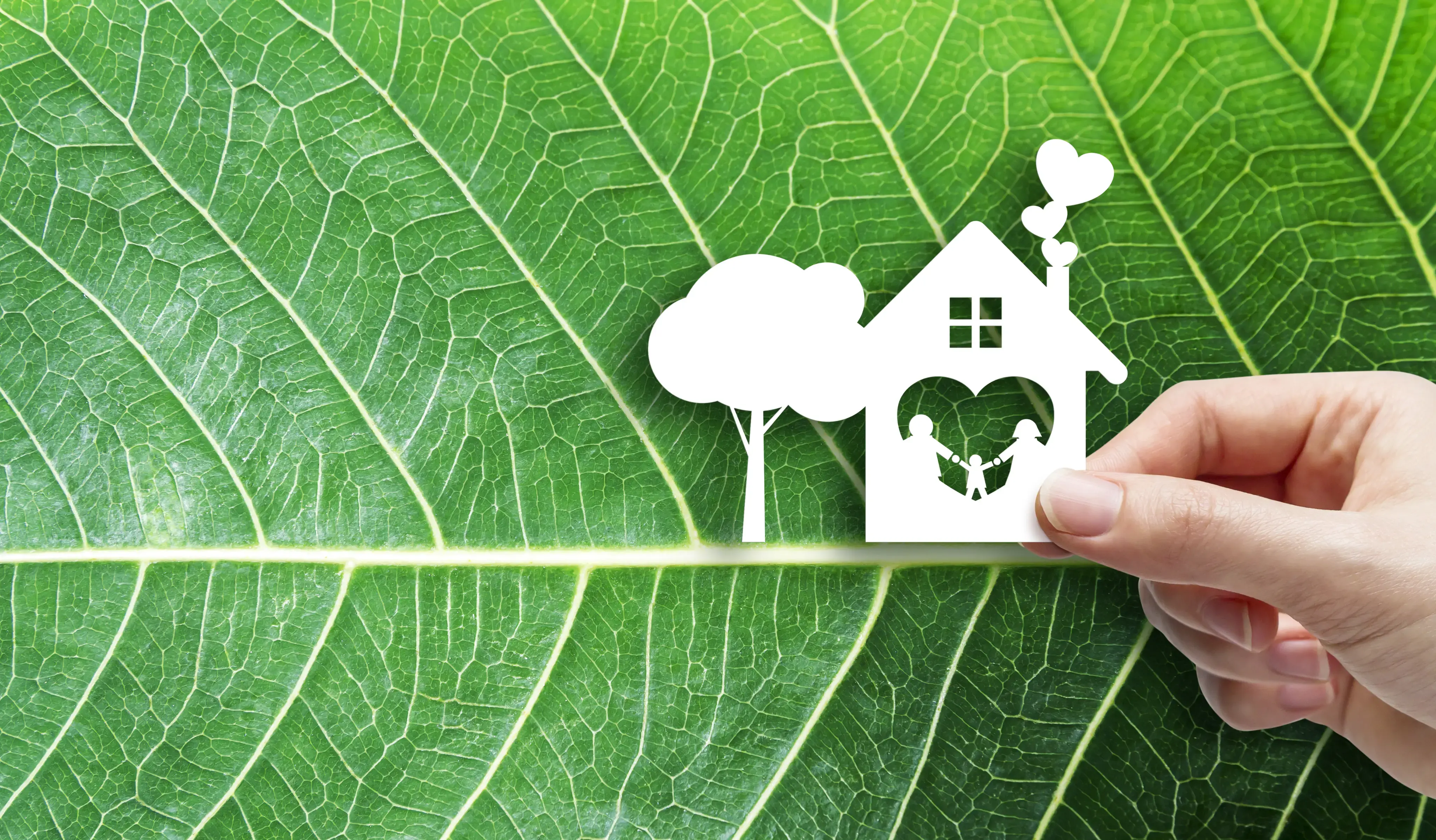 Mano sosteniendo una figura recortada de una casa con familia y un árbol sobre una hoja verde.