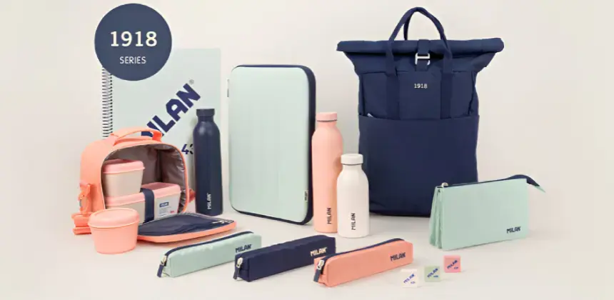 Colección de productos MILAN 1918 Series con mochilas, termos y estuches en tonos pastel