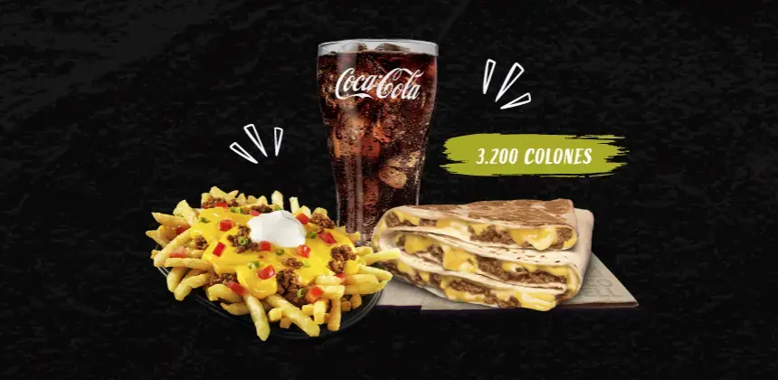 Combo de Taco Bell con papas fritas con queso, quesadilla y refresco Coca-Cola por 3.200 colones