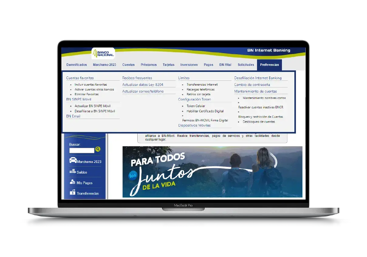 Vista de la sección de preferencias del sistema BN Internet Banking en un navegador, mostrando opciones como actualización de datos, configuración de token y mantenimiento de cuentas.