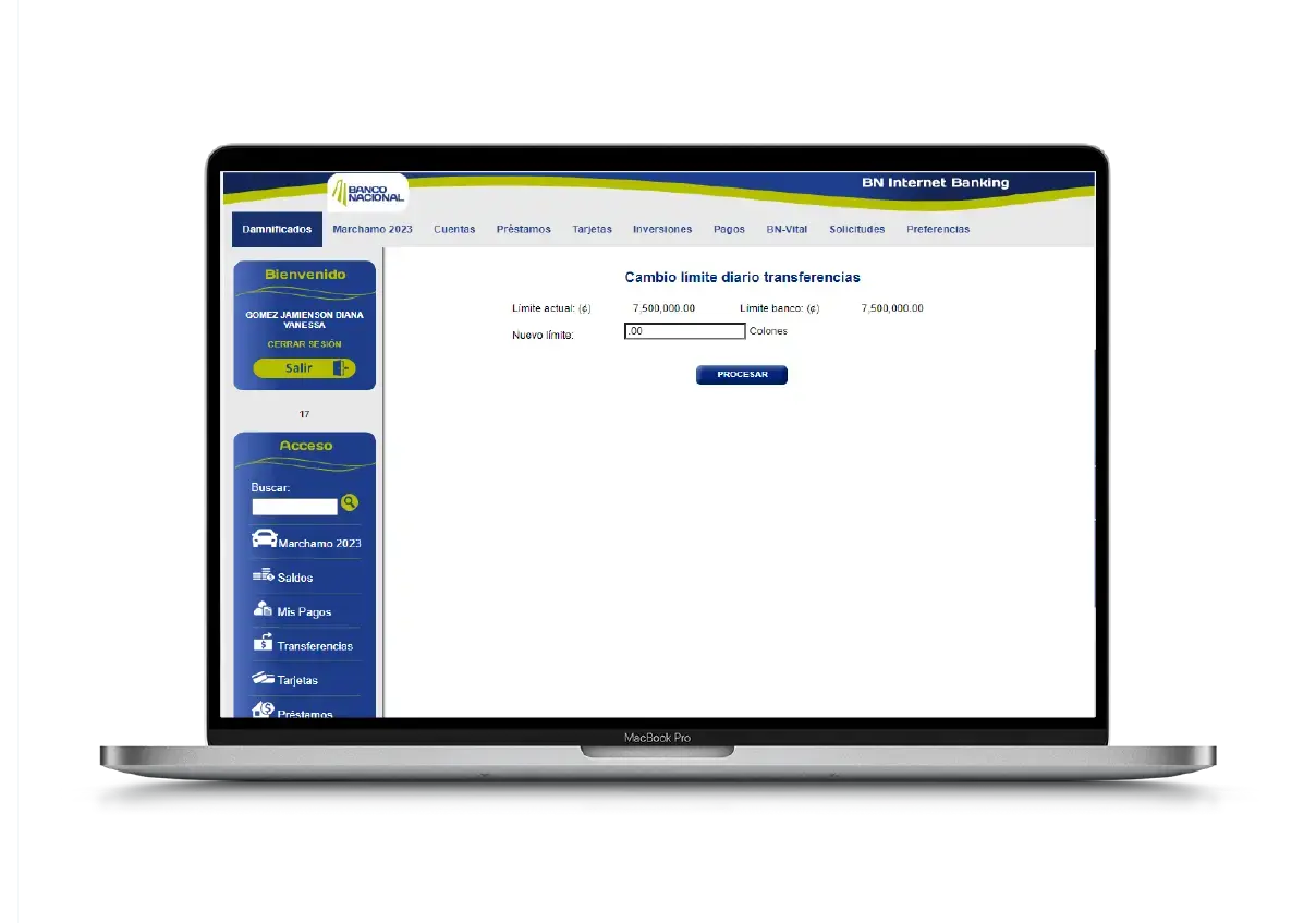Pantalla de BN Internet Banking donde se muestra el formulario para cambiar el límite diario de transferencias en colones.