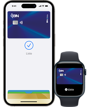 Tarjeta BN Débito mostrada en un iPhone y un Apple Watch con pantalla que indica “Listo”, simbolizando pagos móviles con Apple Pay.