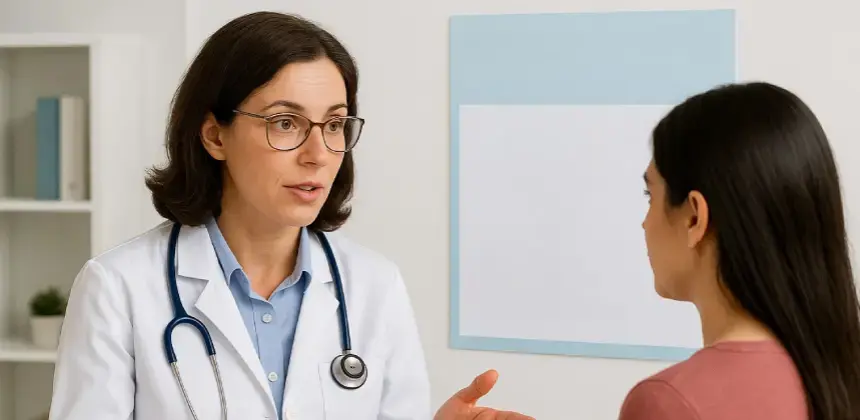 Doctora conversando con una paciente en un consultorio médico