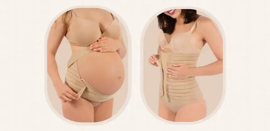 Mujer embarazada usando faja de soporte y mujer con faja posparto color beige